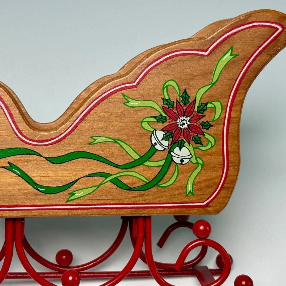 Vintage Christmas Sleigh Centerpiece Wood Metal Reindeer Sled Poinsettia Decor‎